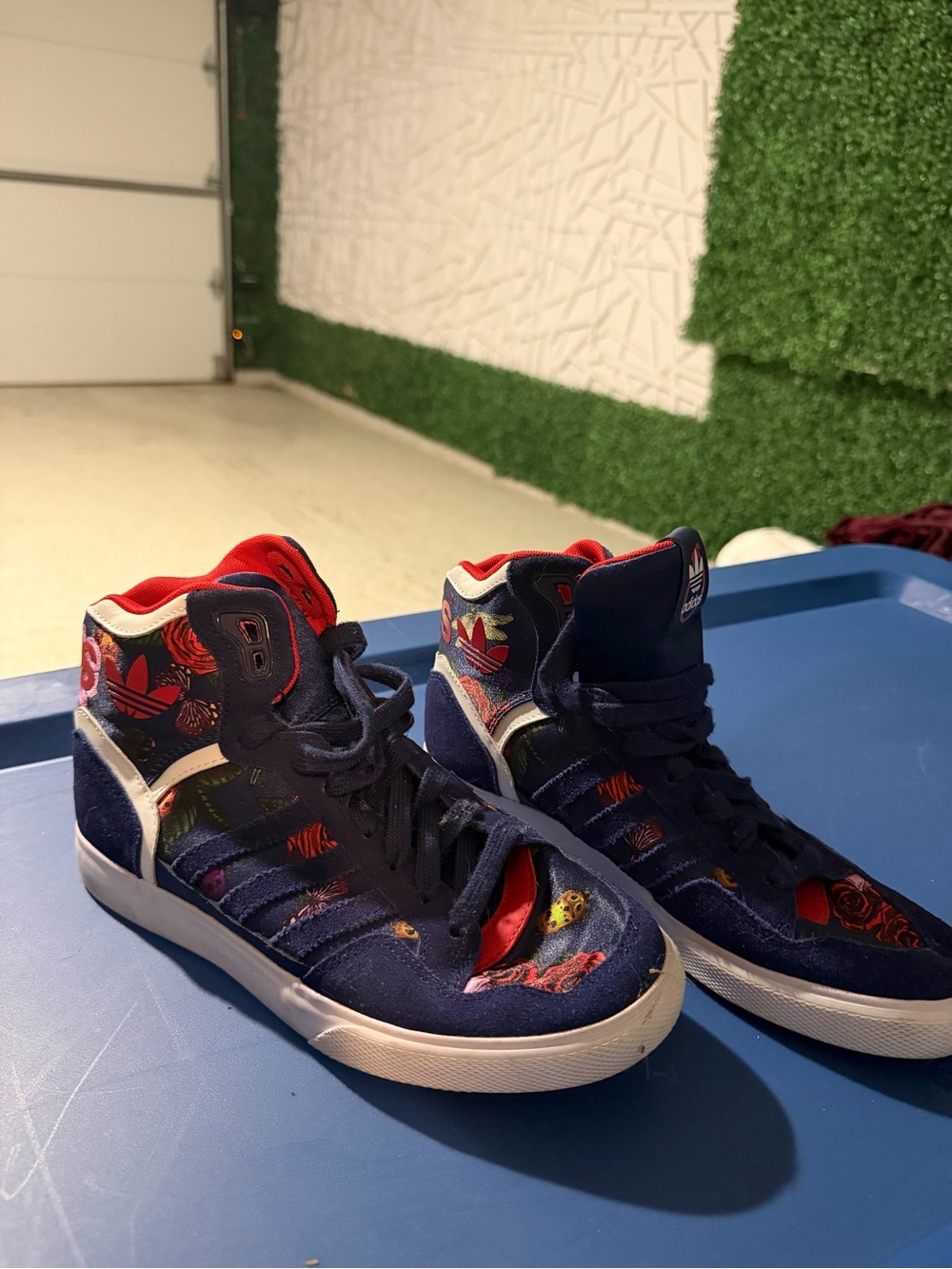 adidas Navy Floral High-Top Kids Sneakers with Red Accents
